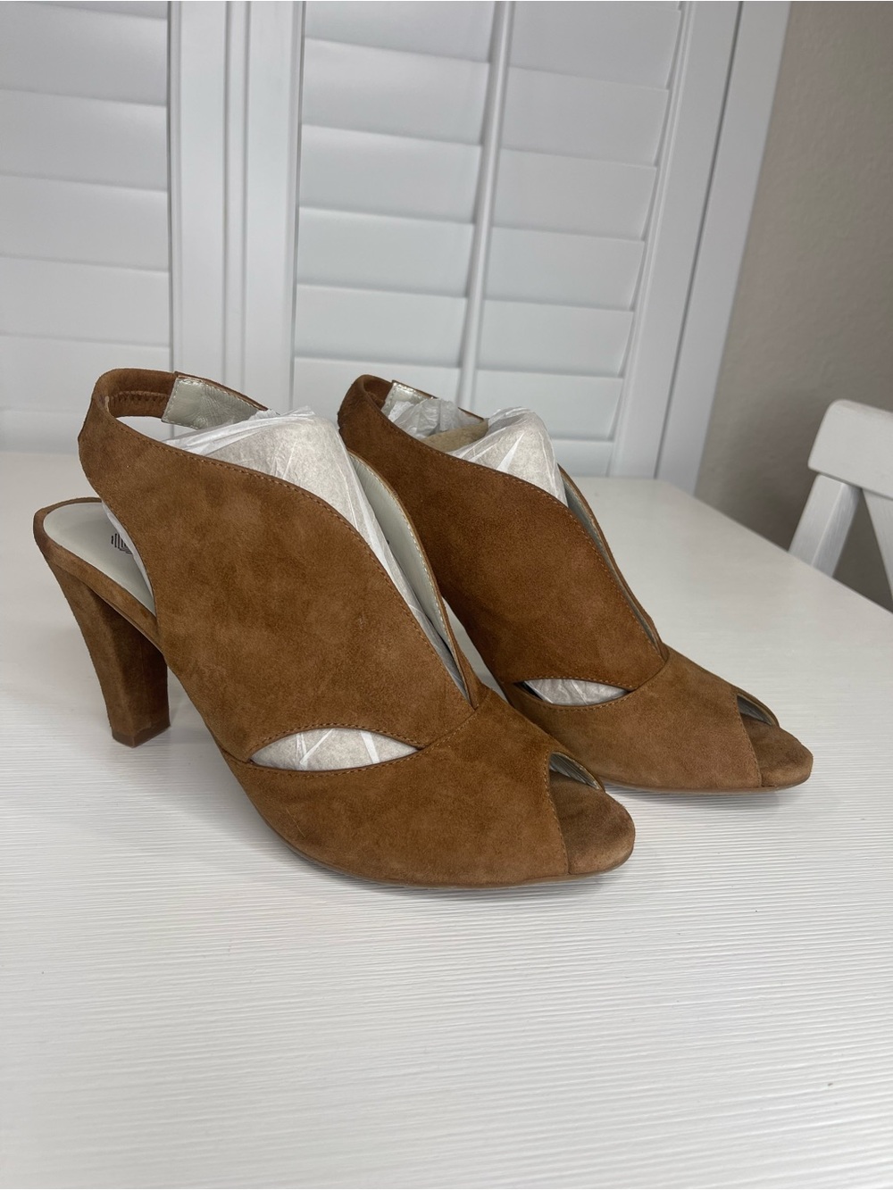 Eric Michael "Peru" brown suede peep-toe heels